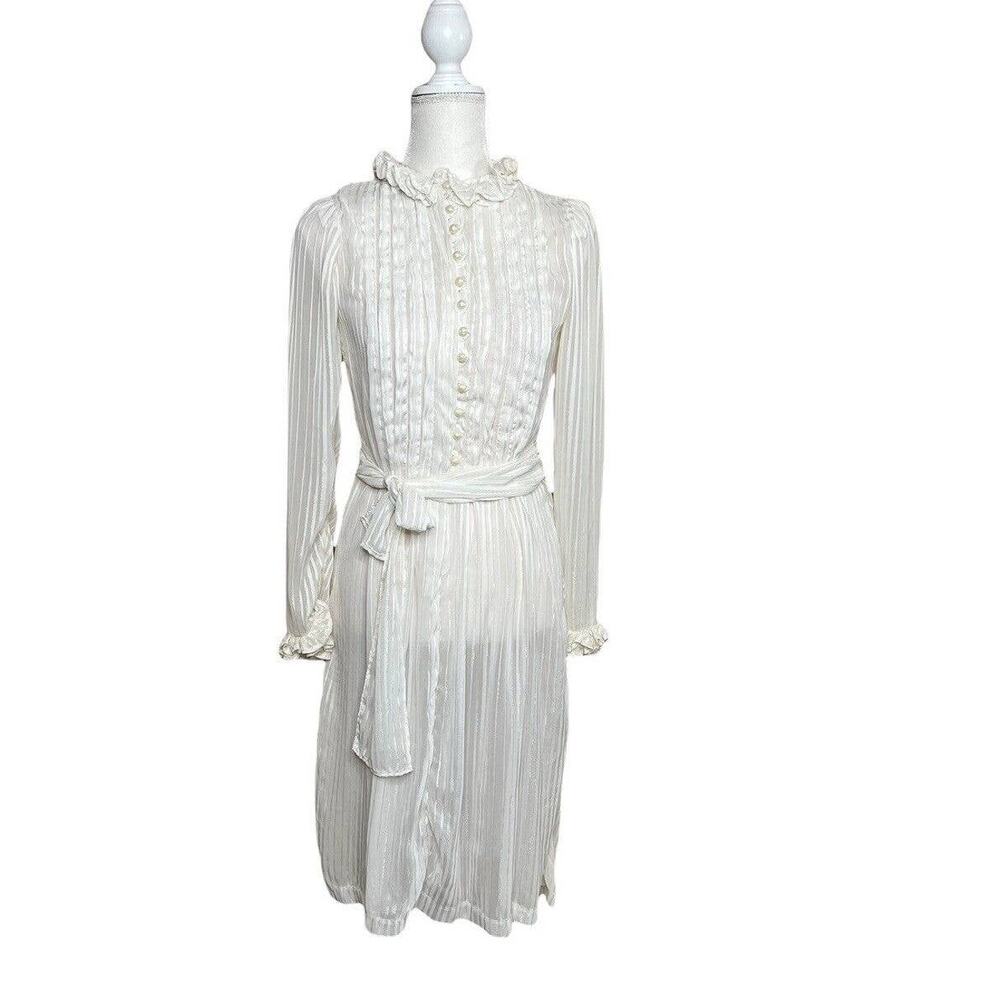 vintage 60s 70s victorian 2 pieces sheer midi dress Shirred Ruffle Neck Ivory